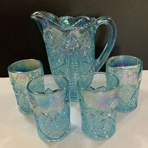Vintage Imperial Pitcher and 4 Tumblers Ice Blue Iridescent Set Glass NOS #13